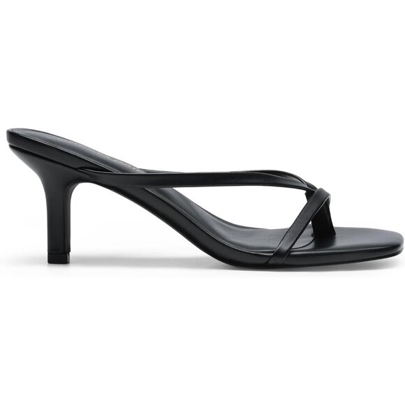 Dream Pairs Women Black Faux Leather Open Square Toe Thong Heeled Sandals - Picture 2 of 7